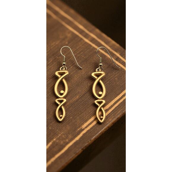 Gold Tone Infinity Design Dangle Drop Earrings Lightweight Jewelry - Picture 5 of 7